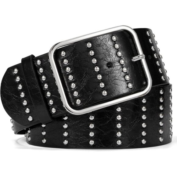 Women\'s Chunky Dress Thick Wide Studded Belts Black Silver Buckle PU Leather